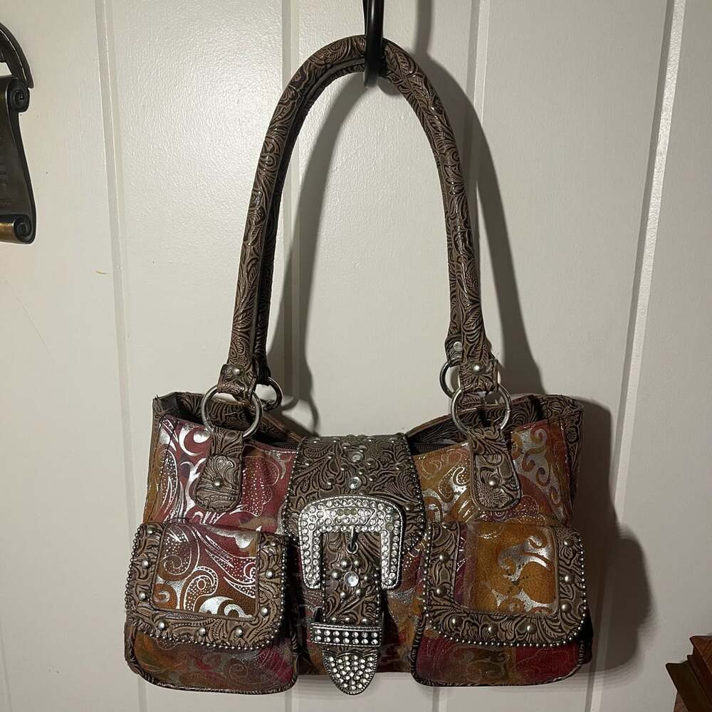 Y2K Style Western Style Floral Embossed Shoulder Bag with Rhinestone Buckle and
